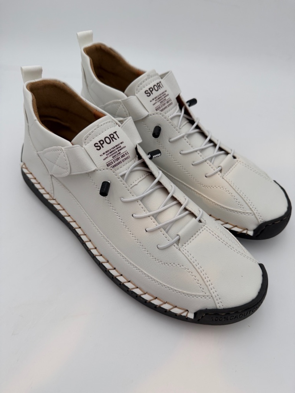 Sporto Unisex White Leather Sneakers with Black Sole Trim EU 47, 12 Women 14 Men